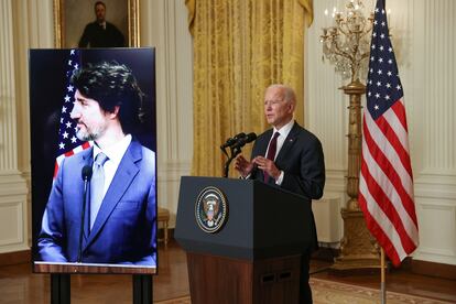 El presidente de EE UU, Joe Biden, y el primer ministro de Canadá, Justin Trudeau, en una videoconferencia esta semana.