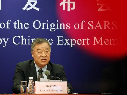 Liang Wannian, el jefe del equipo chino en la misión de la OMS sobre el origen del coronavirus, en una rueda de prensa este miércoles en Pekín.