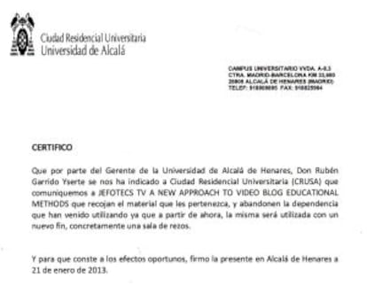 Carta de la universidad en la que informa del fin del aula.