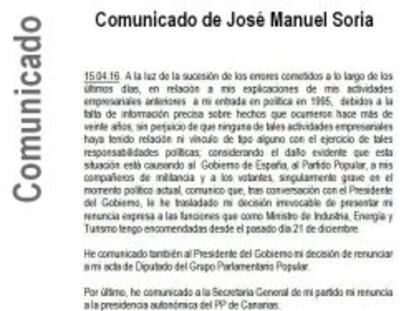 El comunicado de José Manuel Soria informando de su renuncia