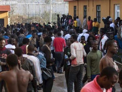 Would-be migrants gather in the courtyard of a temporary holding center in Melilla.