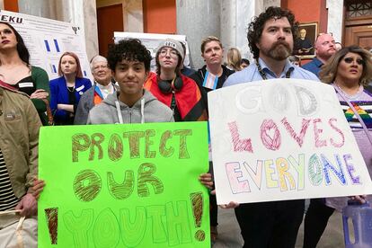 Transgender-rights advocates gather near the Kentucky House chamber, Thursday, March 2, 2023, in Frankfort, Ky.