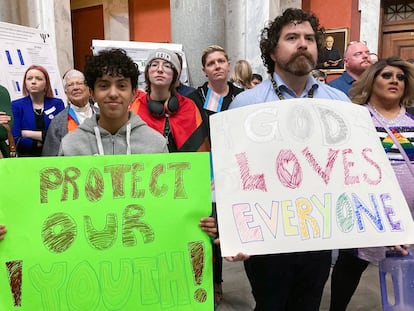 Transgender-rights advocates gather near the Kentucky House chamber, Thursday, March 2, 2023, in Frankfort, Ky.