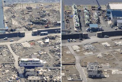 Vista aérea de Otsuchi, Iwate, el 10 de abril de 2011, a la izquierda, en la que se ve un barco turístico asentado encima de un edificio y como quedo arrasado el astillero. En la otra imagen del 04 de marzo 2013, se ve como el astillero ha reanudado su actividad.