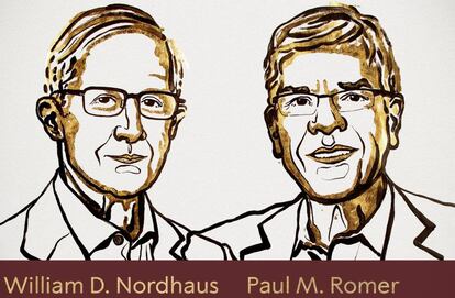 Os novos ganhadores do Nobel de Economia, em uma ilustração de Niklas Elmehed, divulgada pela Academia Sueca.
