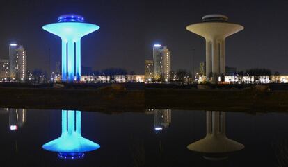 Una combinación de dos imágenes muestra la torre de agua Hyllie iluminado y con las luces apagadas durante la campaña la Hora del Planeta para la sensibilización sobre el cambio climático global el 16 de marzo de 2016 Malmö.