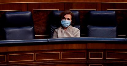 La vicepresidenta Carmen Calvo, en el Congreso, este miércoles.