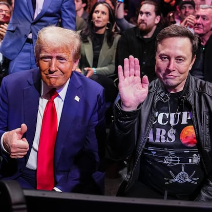 NEW YORK, NEW YORK - NOVEMBER 16: President-elect Donald Trump and Elon Musk pose for a photo during the UFC 309 event at Madison Square Garden on November 16, 2024 in New York City. (Photo by Jeff Bottari/Zuffa LLC)