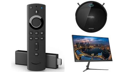 De izquierda a derecha: El Amazon Fire TV Stick 4K con Alex, el robot aspirador Cecotec Conga Serie 950 y el monitor Lenovo L24i-10.