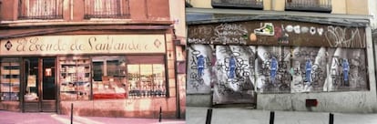 The exterior of 18 Corredera Baja de San Pablo street as it appears in the catalogue of protected store fronts (left), and in its current state.