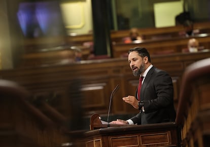 El presidente de VOX, Santiago Abascal, interviene durante el pleno en el que se debate la moción de censura planteada por Vox. EUROPA PRESS/E. Parra