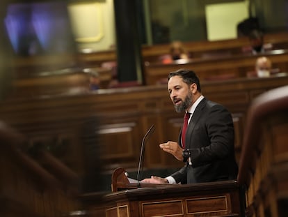 El presidente de VOX, Santiago Abascal, interviene durante el pleno en el que se debate la moción de censura planteada por Vox. EUROPA PRESS/E. Parra