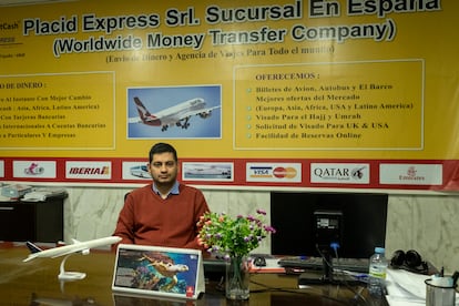 Shajid Mowla, owner of a money transfer business, at his shop on Sombrerete Street.