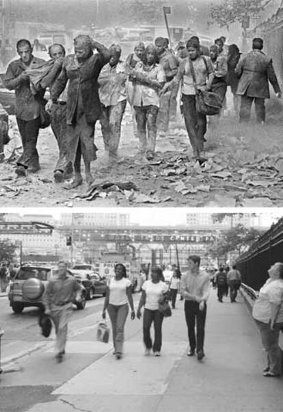 Fotografías de la Zona Cero el día de los atentados (arriba)  y en la actualidad (abajo).