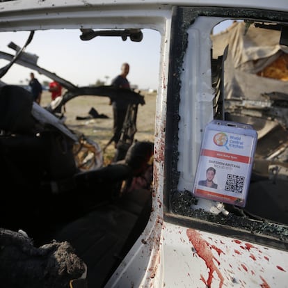 DEIR AL BALAH, GAZA - APRIL 02: Heavily damaged vehicle of the officials working at the US-based international volunteer aid organization World Central Kitchen (WCK), who are killed, is seen after an Israeli attack on a vehicle belonging to WCK in Deir Al-Balah of Gaza on April 02, 2024. (Photo by Ashraf Amra/Anadolu via Getty Images)