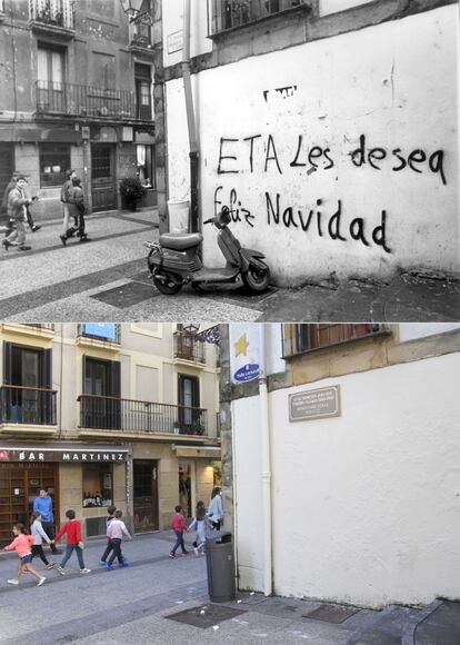 Pintada de ETA celebrando la Navidad, en la calle Valle Lersundi de San Sebastián en diciembre de 1993. Abajo, en la actualidad.