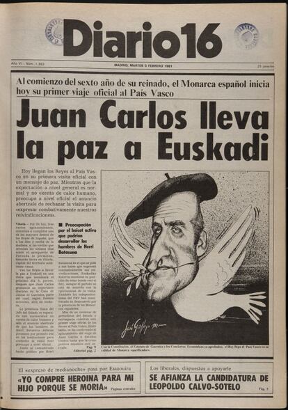 Dibujo de El Rey Juan Carlos realizado por Javier Gallego, en el periódico 'Diario 16', en 1982