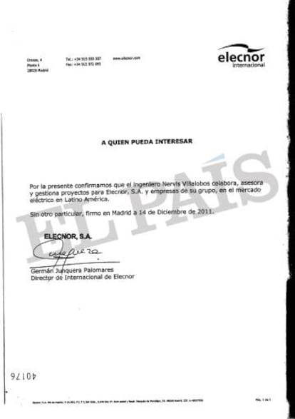 Documento firmado por el exejecutivo de Elecnor Germán Junquera que vincula a la empresa energética vasca con el exministro de Hugo Chávez Nervis Villalobos.