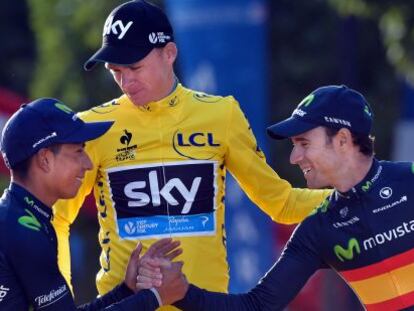 Nairo Quintana, Chris y Froome y Alejandro Valverde en el podio del Tour de Francia. Los tres participan en la Vuelta