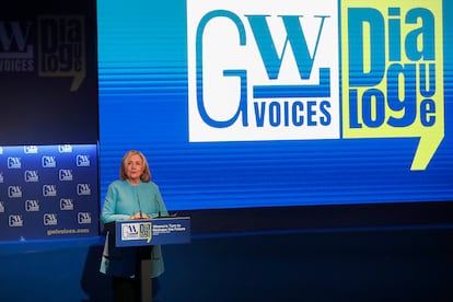 La ex secretaria de Estado de Estados Unidos, Hillary Clinton, participa en la presentación del informe Women in Multilateralism 2024 de GWL Voices este lunes, en Madrid.