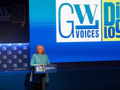 La ex secretaria de Estado de Estados Unidos, Hillary Clinton, participa en la presentación del informe Women in Multilateralism 2024 de GWL Voices este lunes, en Madrid.