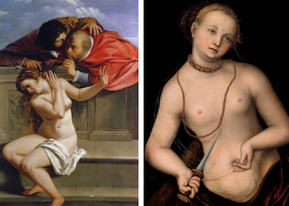 A la izquierda, 'Susana y los viejos' (1610), de Artemisia Gentilsechi; a la derecha, 'Lucrecia' (1534), de Lucas Cranach el Viejo, que representa la única salida posible para una mujer violada en la Antgua Roma, un modelo de virtud también para el mundo renacentista.