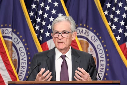 El presidente de la Reserva Federal de Estados Unidos, Jerome Powell, durante su rueda de prensa de este miércoles.