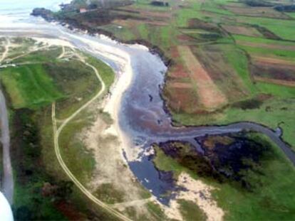 En la imagen se observan las manchas en la playa de Osmo, donde el combustible ha llegado a la zona de pasto. (EFE)