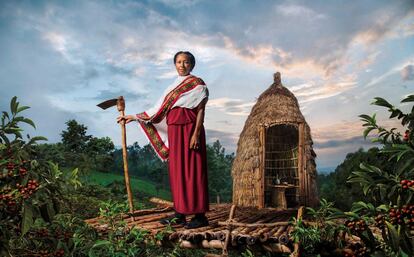 Abril: 'La centinela de las plantaciones'. Asnakech Thomas, productora de café en Etiopía, de la variedad arábica. Ella considera los granos de café "oro verde".