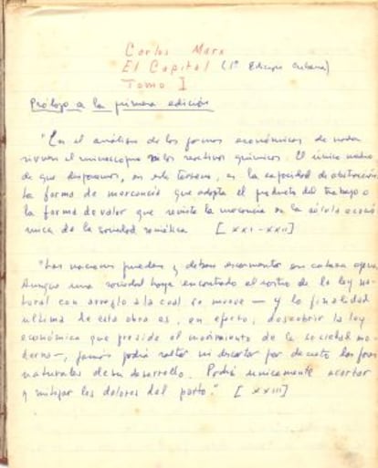 Comentario manuscrito de Guevara de 'El capital' de Marx.