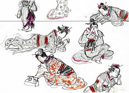 Este dibujo corresponde a la última película de Kurosawa, <i>El mar que nos mira</i>, concluida en 2002, cuatro años después de su muerte, por su discípulo Kei Kumai. Para sus seis obras finales, Kurosawa realizó más de 2.000 dibujos. El emperador del cine fue tildado en su país, durante mucho tiempo, como "occidentalista". Nadie discute hoy su monumental y compleja filmografía. Esta es la <i>Escena de los burdeles: postura de mujeres</i>. © Kurosawa Production Inc. Bajo licencia exclusiva de HoriPro Inc. TEXTO: M. M.