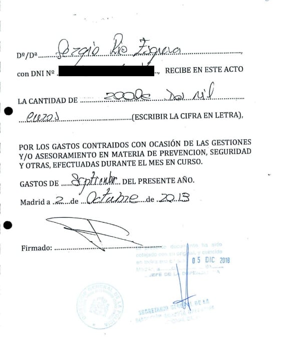 Recibí de 2.000 euros firmado por Sergio Ríos, según consta en la documentación incorporada al sumario de Kitchen.