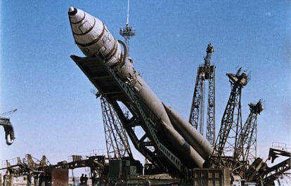 A Soviet rocket prepared for takeoff in 1961.