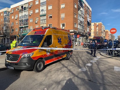 Una ambulancia del Samur-Protección en el lugar en el que se ha registrado el homicidio. / AYUNTAMIENTO DE MADRID