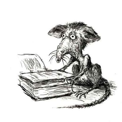 La rata <i>Firmin</i> aprende a leer devorando las páginas de un libro.