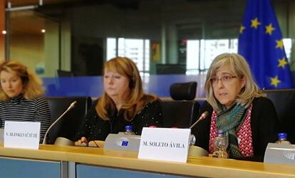 La directora de la Fundación Mujeres, Marisa Soleto, durante su ponencia en lel Parlamento Europeo.