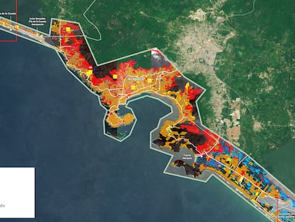 Mapa del daño en la costa de Acapulco, a partir de las imágenes del Programa Copérnico.