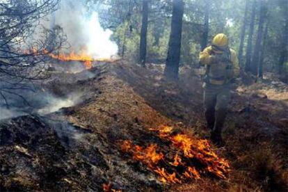 Un bombero pasa junto a uno de los focos del incendio en el paraje de El Tello, en Lanjarón.