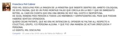 Mensaje en su página de Facebook de la senadora del PP, Francisca Pol Cabrer, pidiendo perdón por el fotomontaje contra la ministra Carme Chacón.