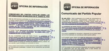La comparación de los dos comunicados.