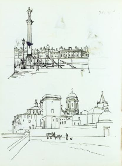 Dibujos de Cádiz, abajo su catedral.