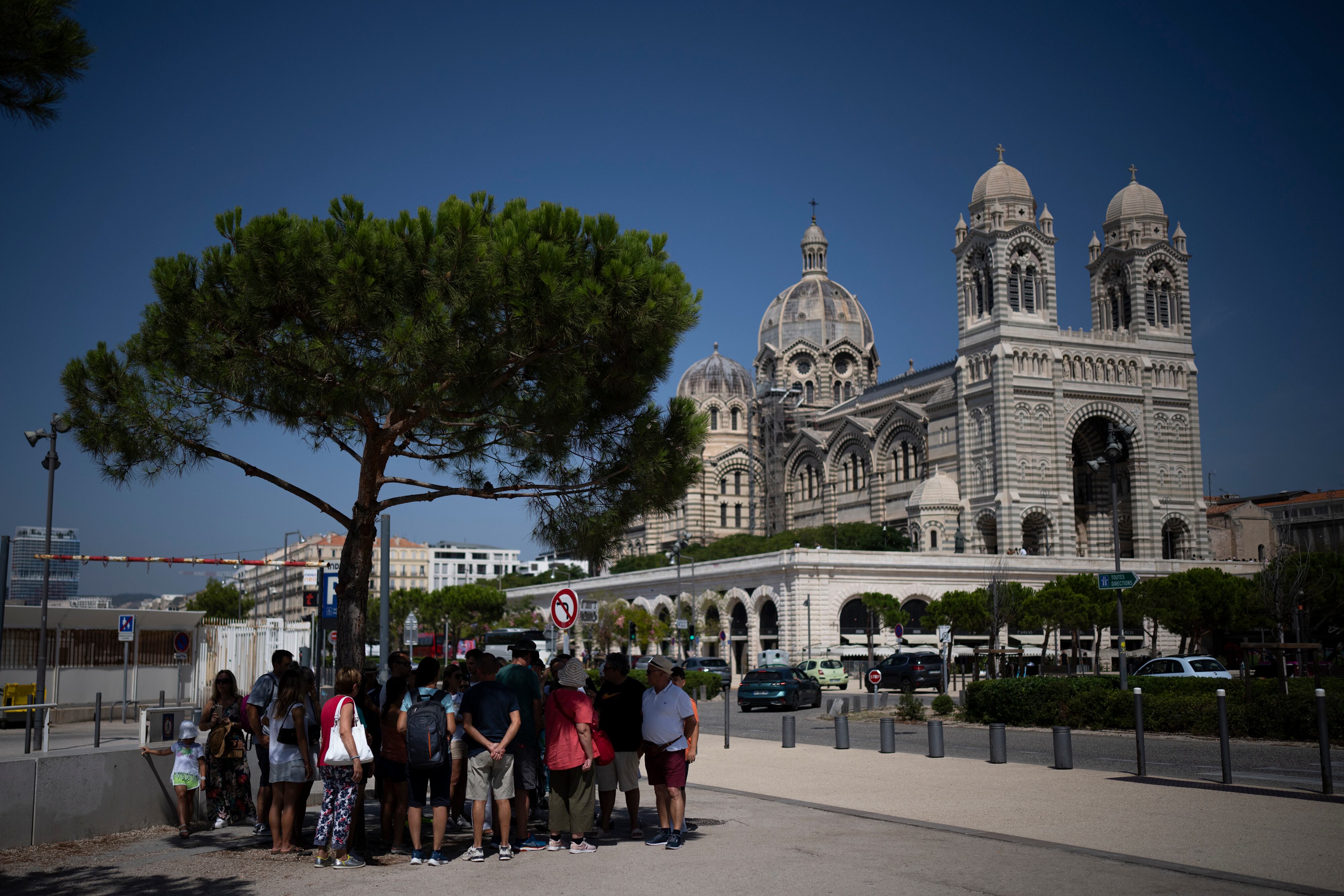 Un grupo de turistas se refugia a la sombra de un árbol, este sábado en Marsella.