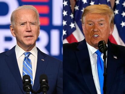 Joe Biden y Donald Trump comparecen en Delaware y Washington, respectivamente, tras las elecciones. / JIM WATSON (AFP) / CARLOS BARRIA (REUTERS)