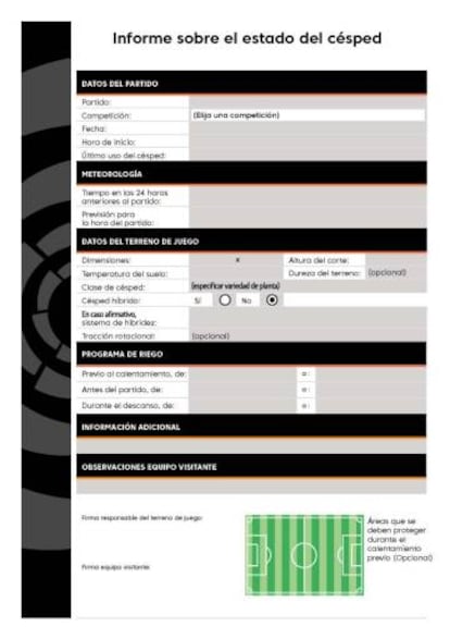 Así es la planilla que deben rellenar los clubes para informar del estado del césped.