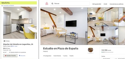 Comparación de dos anuncios de un mismo piso en el portal inmobiliario Idealista (izquierda) y en la plataforma de alquiler turístico de AirBnB, recopilados por el sociólogo y portavoz del Sindicato de Inquilinas de Madrid, Javier Gil.