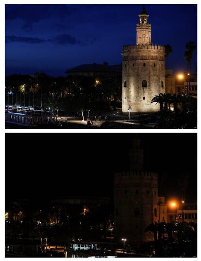 La Torre del Oro de Sevilla durante la Hora del Planeta, una iniciativa promovida por WWF, que ha supuesto el apagado durante una hora (20:30 a 21:30) de los edificios y monumentos más emblemáticos para concienciar a la sociedad sobre el cambio climático.