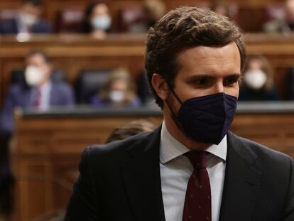 El líder del PP, Pablo Casado, en una sesión plenaria en el Congreso de los Diputados, el pasado 28 de diciembre, en Madrid, (España).