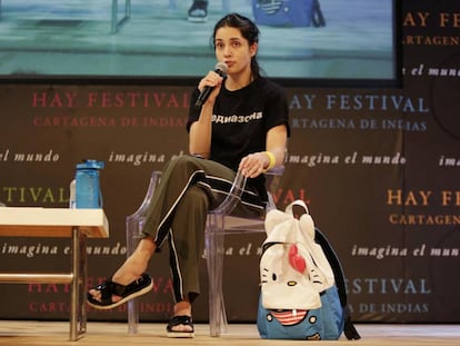 La m&uacute;sica y activista rusa Nadya Tolokno del grupo Pussy Riot en Hay Festival de Cartagena (Colombia). 