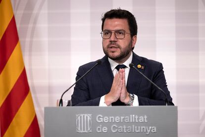 El presidente de la Generalitat, Pere Aragonès, da una rueda de prensa tras presidir el martes 1 de agosto la reunión semanal del Govern.