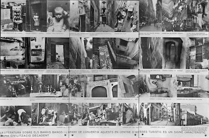 'Collage' con las fotos de Michaelis en la exposición 'La Nova Barcelona', celebrada en julio de 1934. Arriba, el niño rapado usado por el GATCPAC para mostrar la miseria de esta zona de la ciudad, una imagen que en realidad captó Isaac Saporta en 1932. / AFB